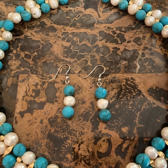 NWOT Turquoise White Pearl Choker Necklace/Bracelet/Earrings Gorgeous Set - Picture 7 of 10